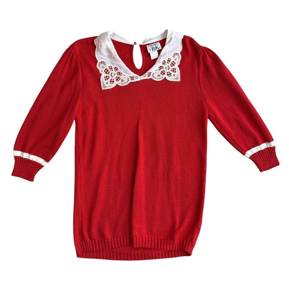 Vintage Petites By R & K Red 3/4 Sleeve Sweater With White Lace Collar Size 8